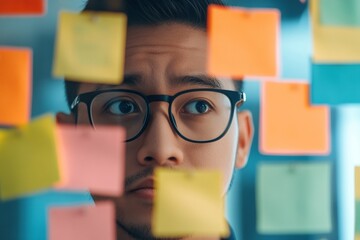 Close-up of young boy with coloured post it for organisation.