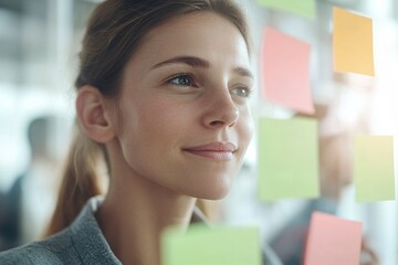 Young entrepreneur placing coloured post it notes on a blackboard to organise ideas or tasks.