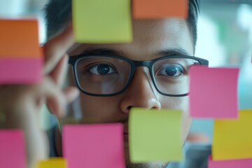 Close-up of young asian boy with coloured post it for organisation.