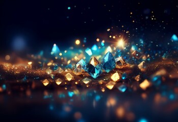Poster - Glittering blue and gold gemstones on a dark background with bokeh lights.