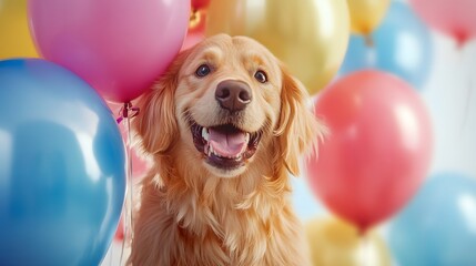 A dog in a costume with balloons, created with Generative AI technology