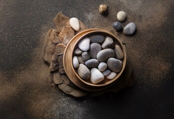 Poster - A wooden bowl filled with smooth gray and white stones on a brown background with a few loose stones around it.