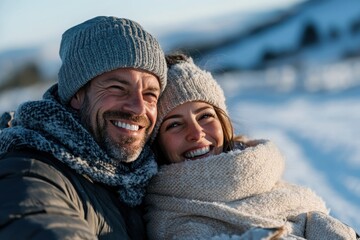 Wall Mural - A joyful couple, wrapped in warm clothing, smiles brightly as they enjoy a winter adventure amidst a beautiful snow-covered landscape surrounded by nature.