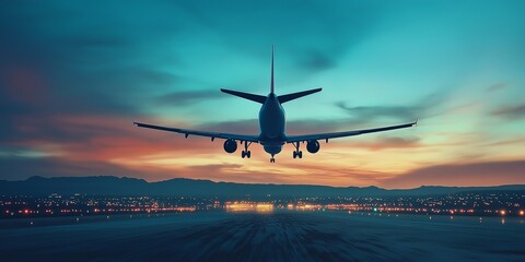 a silhouette of an airplane takes off on a vibrant runway during sunset.