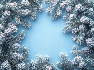 Wall Mural - winter's serene beauty captured in a minimalistic background, featuring fir tree branches dusted with snow, complemented by ample copy space for text or design