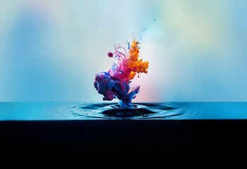 Poster - Colorful ink swirling and spreading in water, creating abstract shapes and textures.