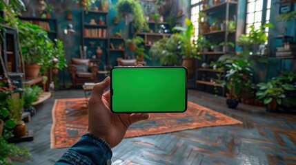 Wall Mural - A person holds a blank screen in a vibrant indoor garden filled with lush plants and cozy seating. Generative AI