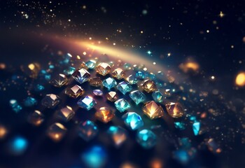 Poster - Shiny blue and gold diamonds are scattered on a dark background with sparkling particles.