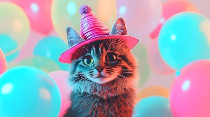 Cat in a hat with balloons, created with Generative AI technology