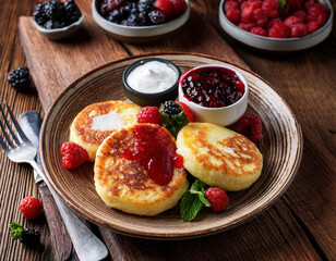 Cottage cheese pancakes with berry jam, blueberries and sour cream on rustic wooden background