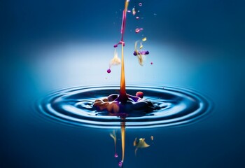 Fototapete - Colorful liquid drop falling into a blue liquid, creating ripples.