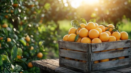 Wall Mural - wooden box brimming with ripe oranges on a rustic table set against a lush green field under a brigh