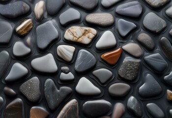 Poster - A close-up view of a variety of smooth stones, arranged in a circular pattern on a dark background.