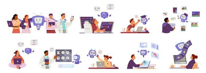 People interacting with artificial intelligence in different spheres concepts set. People using help of AI in programming, business analytics, education, motion design, medicine, illustration