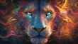 © Songsak - Vibrant Artistic Lion Portrait with Colorful Abstract Patterns and Intense Gaze in Digital Art Style