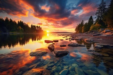 Canvas Print - Sunset at coast of the lake landscape nature outdoors.