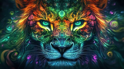  Vibrant Abstract Lion Portrait with Colorful Swirls and Intense Glowing Eyes in a Mystical Artistic Style