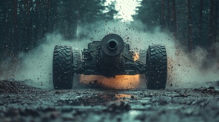 A military vehicle drives through a muddy forest road, kicking up dust and debris.