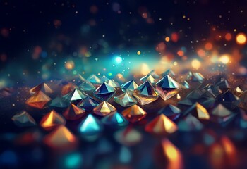 Poster - A close-up of many glittering gems in a dark setting with a soft, colorful bokeh in the background.