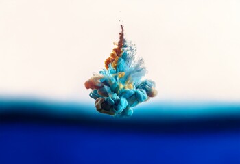 Poster - A burst of blue and yellow paint swirls and dissipates in a clear liquid.