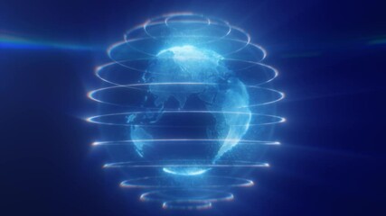 A digital representation of blue Earth with glowing lines encircling the planet, highlighting global connectivity and technology, video in high quality 4k, motion design