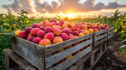 Wall Mural - wooden crate packed with colorful mangoes on a rustic table set against a vibrant green field under 