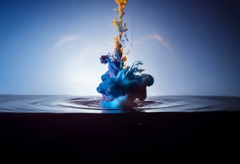 Poster - Abstract swirl of colorful liquid in water with a blue background.