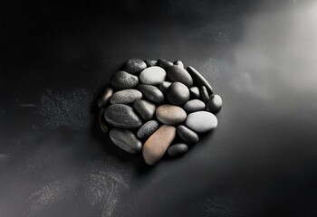 Poster - A cluster of smooth, grey and brown stones, arranged in a circular shape on a black surface.