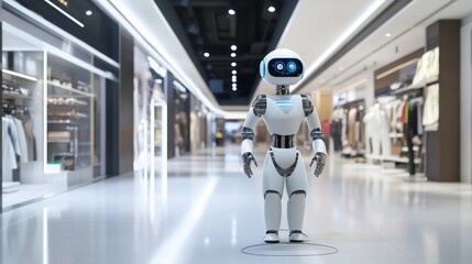 Aufkleber - A futuristic robotic assistant providing personalized virtual shopping experiences in a sleek retail space, clean and stylish environment with a focus on retail technology, Retail style