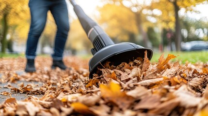 Wall Mural - A person is tidying up fallen autumn leaves with a leaf blower in a tranquil forest on a clear autumn day