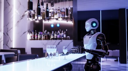 Poster - A futuristic robotic bartender serving cocktails in a high-end lounge, sleek and polished environment with a focus on modern hospitality, Luxe style