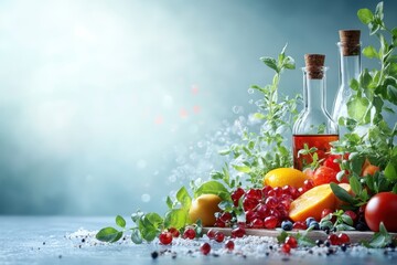 Fresh fruits and herbs arranged artistically with bottles in a soft light setting