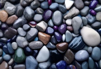 Poster - A close up image of a collection of polished stones, mostly in shades of grey and purple, with a few brown and white stones interspersed.