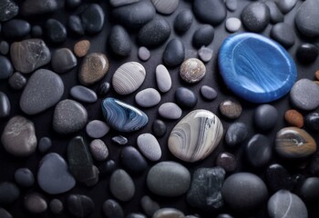 Poster - Smooth grey and blue stones of various sizes are arranged on a black background.