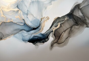 Abstract art with flowing lines of light and dark blue, grey, and gold ink.