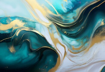 Aufkleber - Abstract art with swirling blue and white tones, accented with shimmering gold.