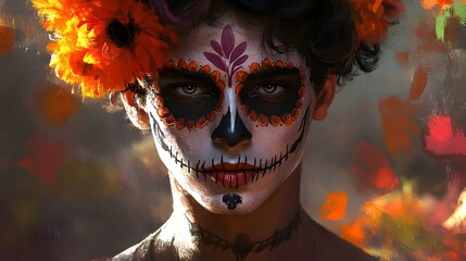 Young man wearing makeup for Día de los Muertos, created with Generative AI technology