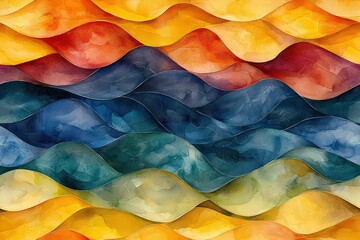 Poster - Watercolor pastel background, wavy leaves, yellow, orange, green, and blue colors.