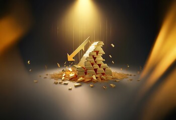 Poster - A downward pointing arrow crashes into a tower of gold bars, causing them to shatter and fall apart.