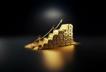 Poster - A golden arrow points upwards, symbolizing growth, over a staircase constructed of stacked gold bars.