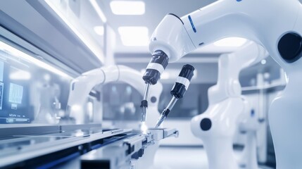 Poster - A futuristic robotic system managing automated assembly of complex medical robots in a clean, high-tech medical robotics lab