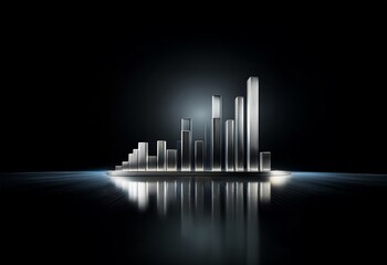 Poster - A silver cityscape silhouette rises in the center of a dark background with light beams radiating out from the bottom of the frame.
