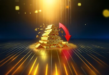 Poster - A stack of gold bars crumbles under the weight of a red downward pointing arrow.