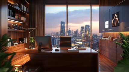 Canvas Print - Modern Office Interior with City View at Sunset