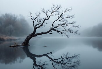 A black and white single lonely tree in a misty morning sits in the beautiful Lake Wanaka, New Zealand
