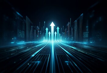 Poster - A futuristic digital cityscape with bright blue neon lights, forming a pathway of glowing arrows leading upwards.