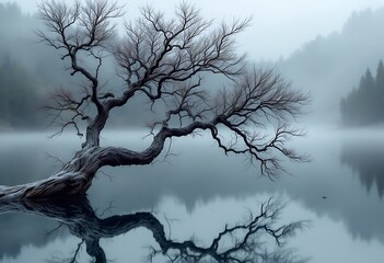A black and white single lonely tree in a misty morning sits in the beautiful Lake Wanaka, New Zealand
