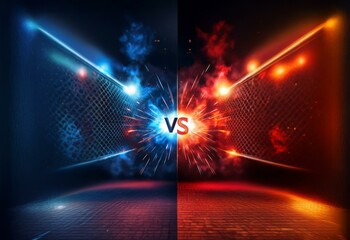 Poster - A dark background with a glowing VS in the center, separated by blue and red smoke, each with a caged metal barrier.