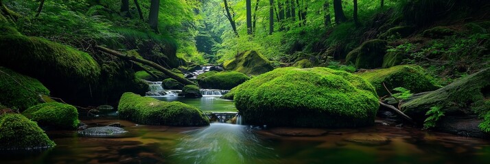 Wall Mural - A small stream winds through a dense forest, lined with vibrant moss, embodying calm and untouched wilderness charm.