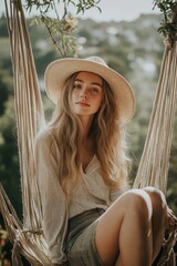 A young woman sits peacefully outdoors on a rope swing, wearing a straw hat and enjoying a serene moment.